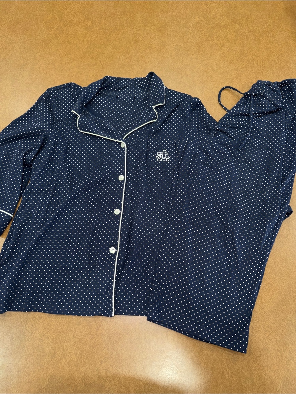 Ralph Lauren Notch Collar Navy Polka Dot PJ Set w/ White Piping • NO Size Tag